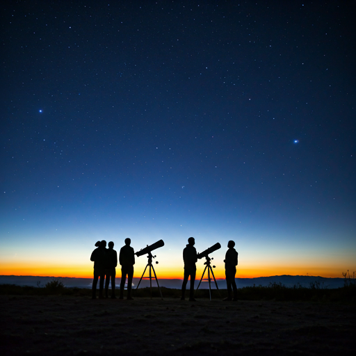 Group of people stargazing with telescopes under night sky